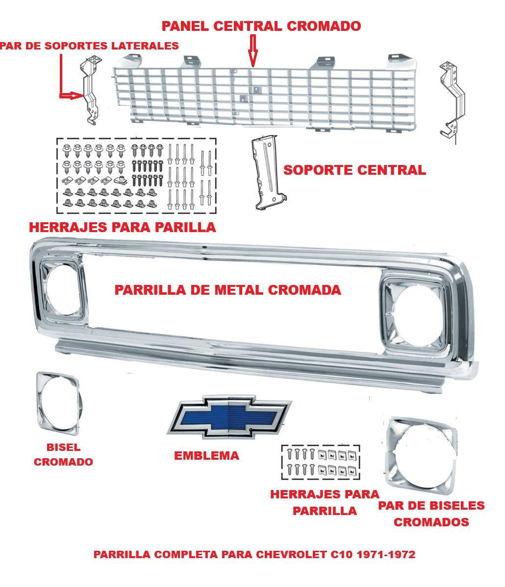 Parrilla Completa de Metal Cromada CHEVROLET 1971-1972 TRUCK C10 Incluye Biseles,Panel Cromado, y Herrajes