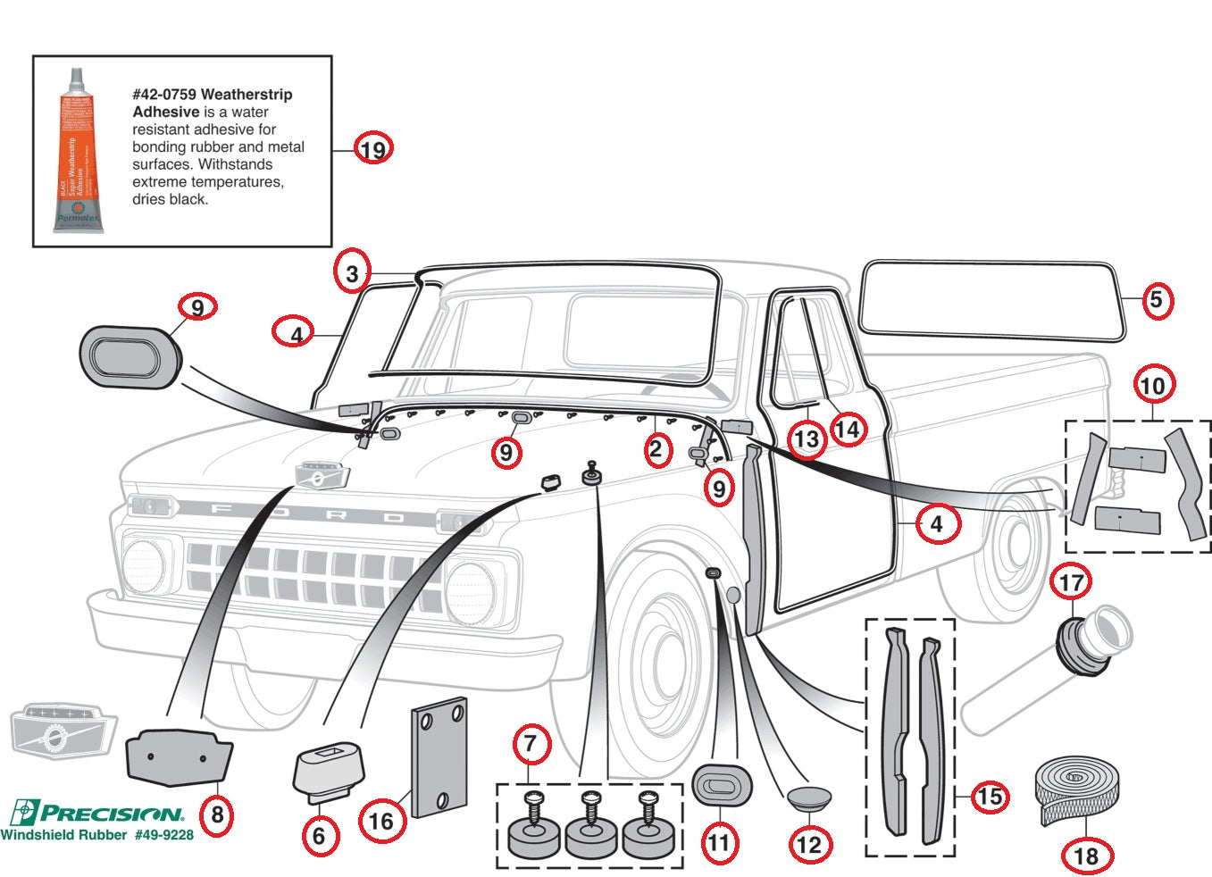 Set de Empaques de Cabina y de Ventanas para FORD 1961-1965 F100  F250  F350 Truck