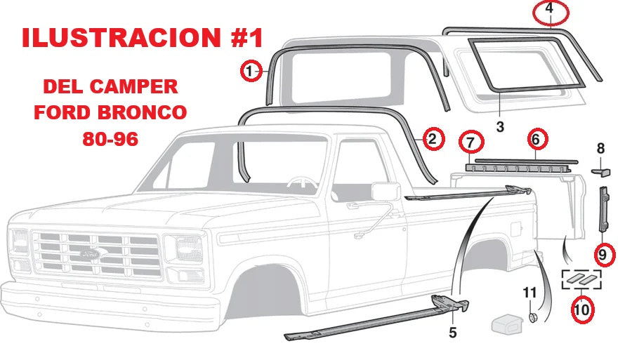 Set de Empaques Ford Bronco 1980-1996 del Camper,Puerta Trasera (Solamente los circulados en rojo de las Ilustraciones)