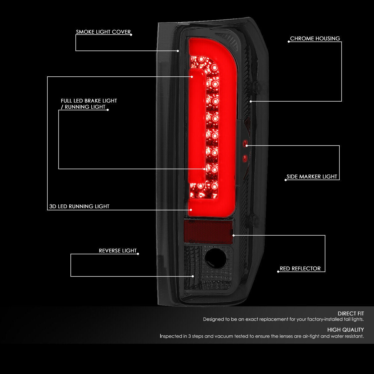 1990-1997 FORD F150 F250 BRONCO 3D LED BAR LUZ TRASERA LUZ DE FRENO TRASERO AHUMADO