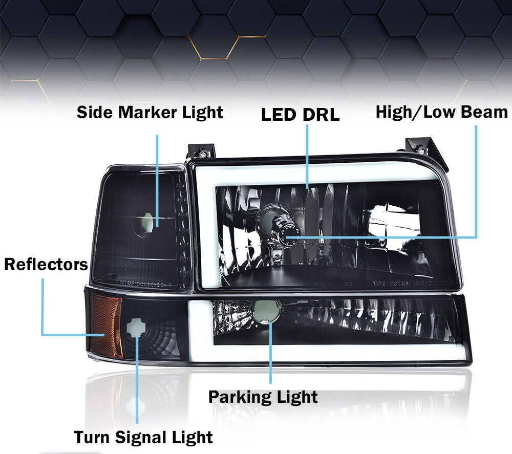 1992-1996 Ford F150 F250 F350 LED DRL Negro/Faros delanteros Ahumados