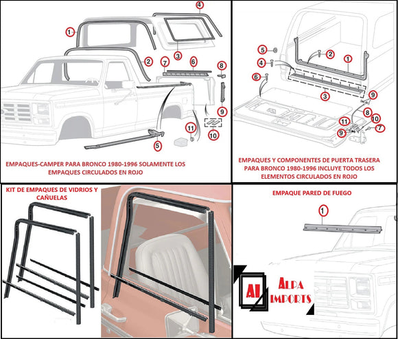 EMPAQUES-CAMPER PARA BRONCO 1980-1996 TODOS LOS EMPAQUES CIRCULADOS EN ROJO
