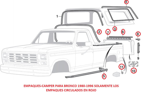EMPAQUES-CAMPER PARA BRONCO 1980-1996 SOLAMENTE LOS EMPAQUES CIRCULADOS EN ROJO