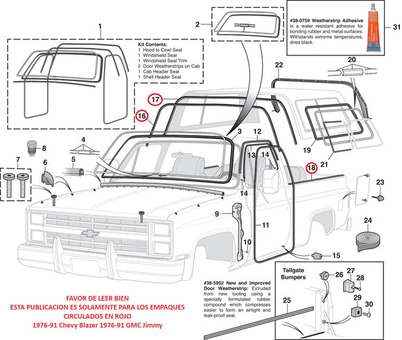 EMPAQUES PARA 1976-91 Chevy Blazer 1976-91 GMC Jimmy, SOLAMENTE EMPAQUES CIRCULADO EN ROJO # 18 (2),16,17