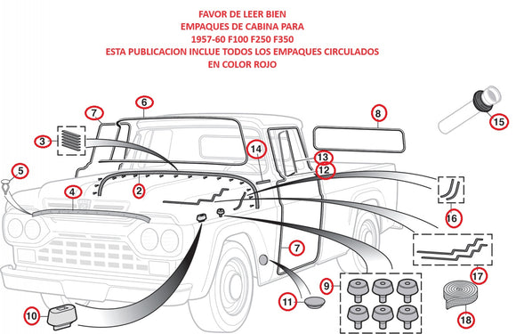 EMPAQUES DE CABINA PARA 1957-60 F100 F250 F350 INCLUYE TODOS LOS CIRCULADOS EN ROJO