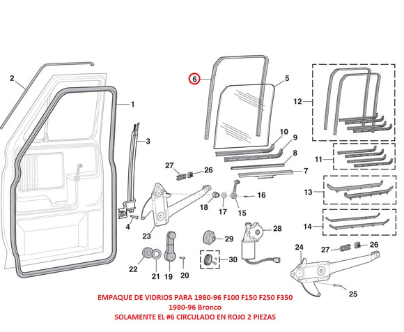 EMPAQUE DE VIDRIOS PARA 1980-96 F100 F150 F250 F350 1980-96 Bronco SOLAMENTE EL #6 CIRCULAOD EN ROJO