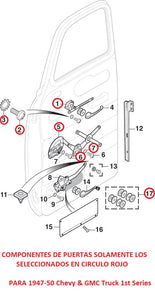 FORD PICKUP 1948-1950 COMPONENTES DE PUERTAS  #1,#2,#3,#5,#6.#7,#17 SOLAMENTE CIRCULADOS CON ROJO EN LA ILUSTRACION
