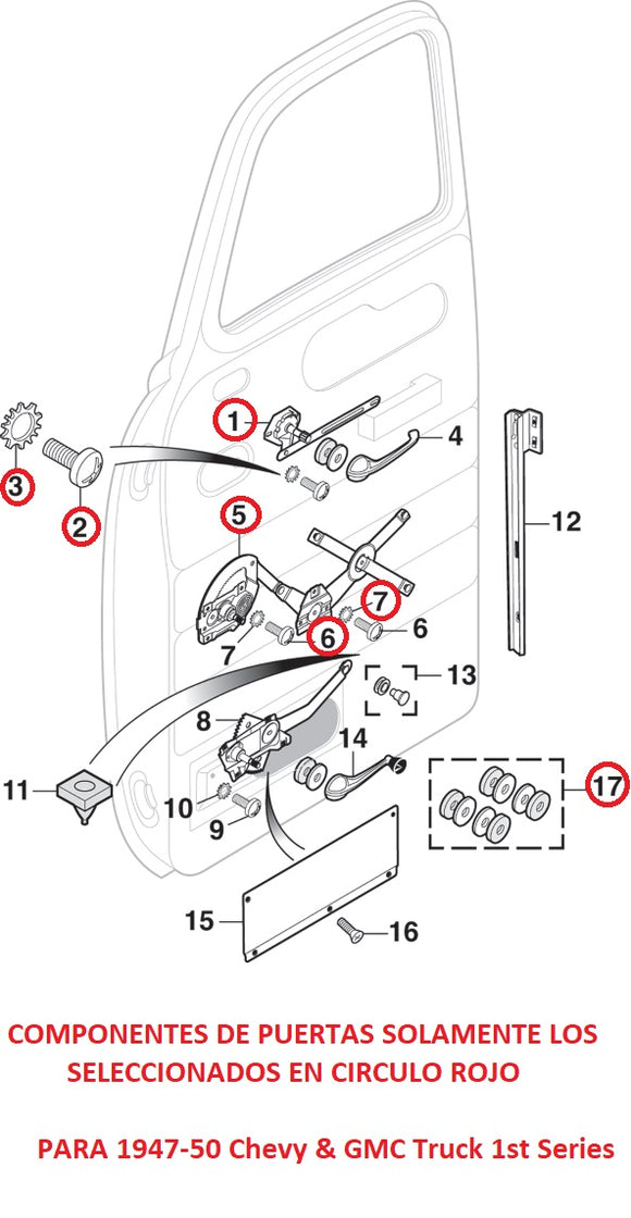FORD PICKUP 1948-1950 COMPONENTES DE PUERTAS  #1,#2,#3,#5,#6.#7,#17 SOLAMENTE CIRCULADOS CON ROJO EN LA ILUSTRACION
