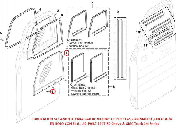 Kit de Vidrios de Puertas con Marco de Aluminio y Vidrio Claro 1947-50 Chevy & GMC Truck 1st Series