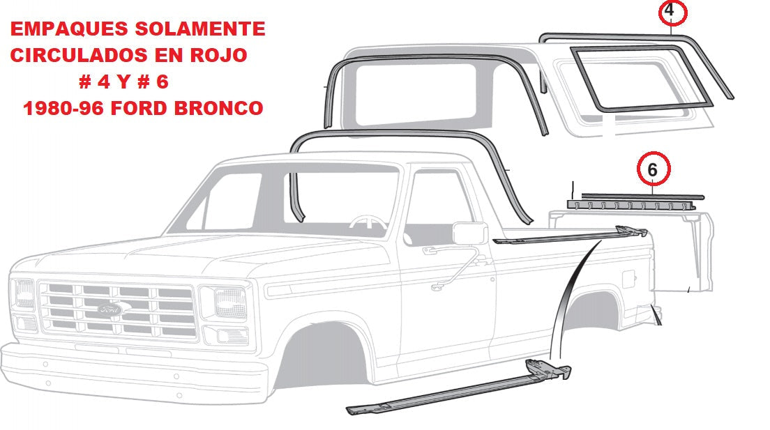 EMPAQUES PARA BRONCO 1980-1996 SOLAMENTE EL EMPAQUES CIRCULADOS EN ROJO # 4 Y #6 (Copia)