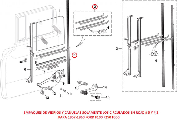 EMPAQUES PARA FORD PICKUP 57-60 SOLAMENTE EL #s 2 Y 5 CIRCULADOS EN ROJO EN LA ILUSTRACION