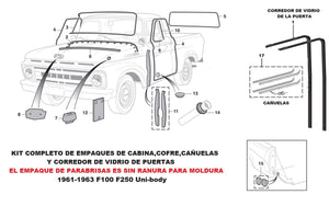 Kit de empaques para camioneta pickup 1961-63 F100 F250 Uni-body,NO Moldura de Cromo
