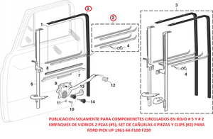 EMPAQUES Y CAÑUELAS DE VIDRIOS DE PUERTAS FORD PICKUP  1961-66 F100 F250