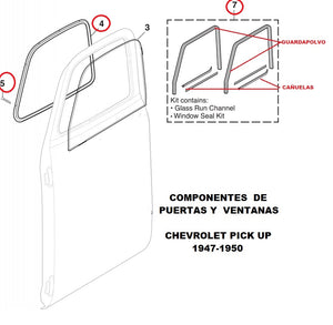 CHEVROLET PICKUP 1948-1952 COMPONENTES DE VENTANAS DE PUERTAS  #4,#5,#7 SOLAMENTE CIRCULADOS CON ROJO EN LA ILUSTRACION