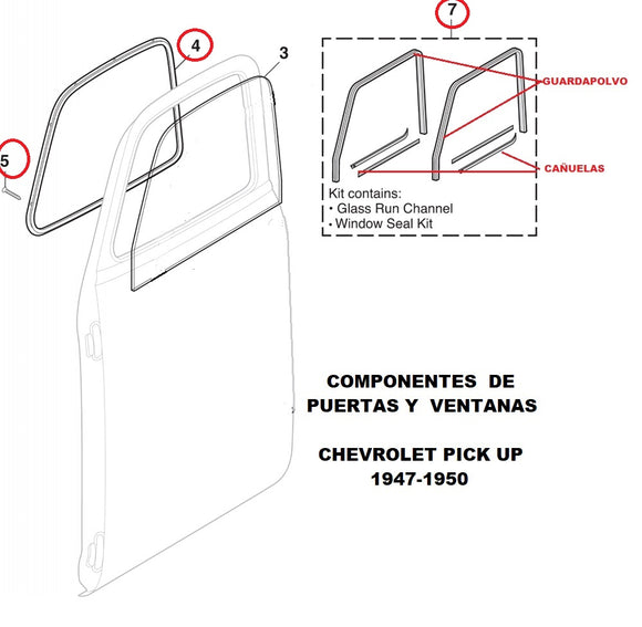 CHEVROLET PICKUP 1948-1952 COMPONENTES DE VENTANAS DE PUERTAS  #4,#5,#7 SOLAMENTE CIRCULADOS CON ROJO EN LA ILUSTRACION