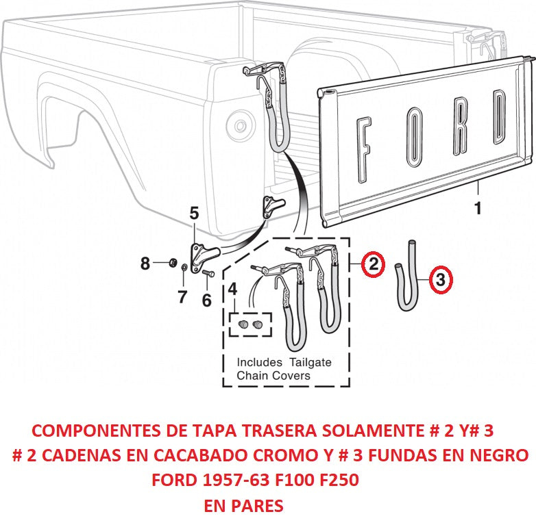 PAR DE CADENAS EN CROMO Y PAR DE FUNDAS-NEGRO TAPA TRASERA FORD 1957-63 F100 F250