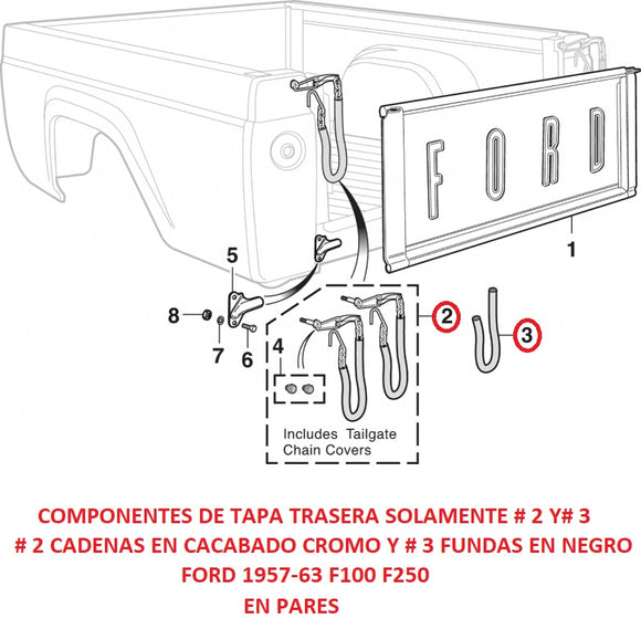 PAR DE CADENAS EN CROMO Y PAR DE FUNDAS-NEGRO TAPA TRASERA FORD 1957-63 F100 F250