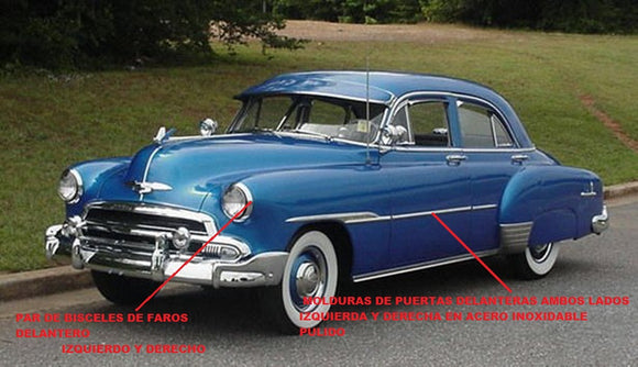 MOLDURAS DE PUERTAS Y BISCELES DE FAROS CHEVROLET 1949-1951 STYLELINE 4 PUERTAS