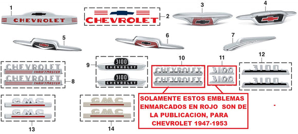Emblemas Laterales de Cofre Chevrolet  Pick Up 1947-1953 ''CHEVROLET'' ''3100'' circulados en rojo Solamente