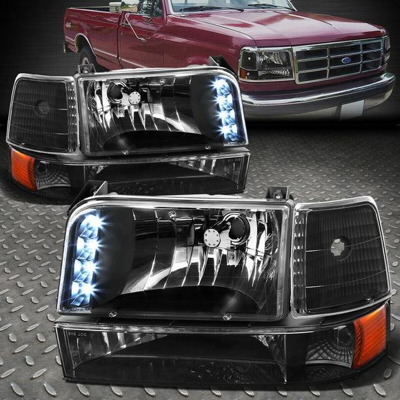 92-96 FORD F150 F250 F350 LED CARCASA NEGRA LÁMPARAS DE FARO DE ESQUINA ÁMBAR