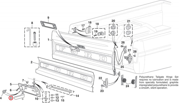 Manivela de Tapa de Caja Trasera Ford 1964-72 F100 F250 Solamente # 3 circulada en rojo